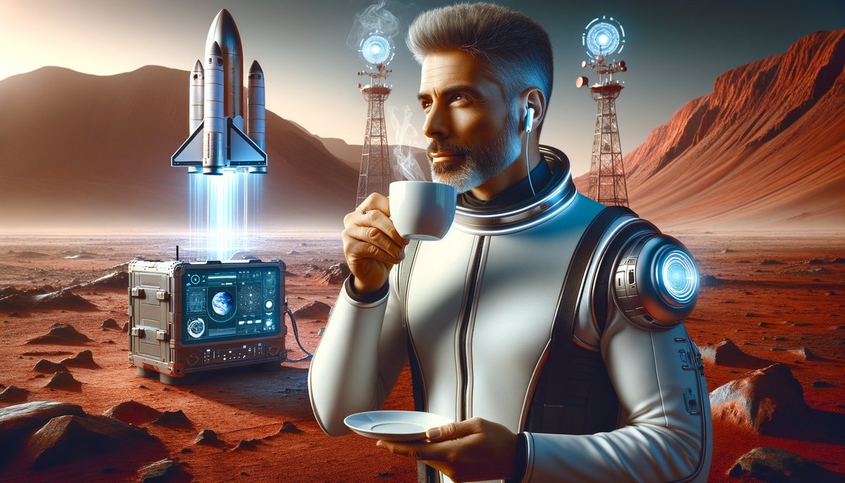 X_Terminals's tweet image. elon sipping coffee in mars while aiding earth like a tech messiah 🚀🌍. talk about playing chess in a world of checkers! who&apos;s lining up for the man on mars train? #elonvibes