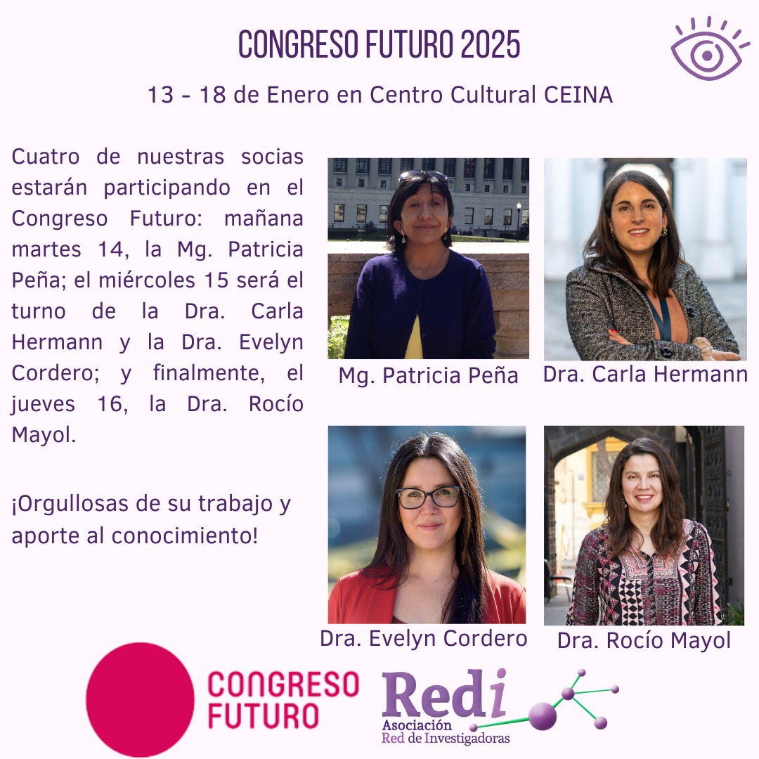 Cuatro de nuestras socias estarán participando en  <a href="/congresofuturo/">Congreso Futuro</a>: mañana martes 14, la Mg. <a href="/patana/">Paty Peña</a>; el miércoles 15 será el turno de la Dra. <a href="/CarlaHermann/">Carla Hermann A</a> y la Dra. <a href="/evelyn_cordero/">Eve Cordero Roldán</a> ; y finalmente, el jueves 16, la Dra. <a href="/RocioMayolT/">Rocío Mayol Troncoso</a> 👏🏻