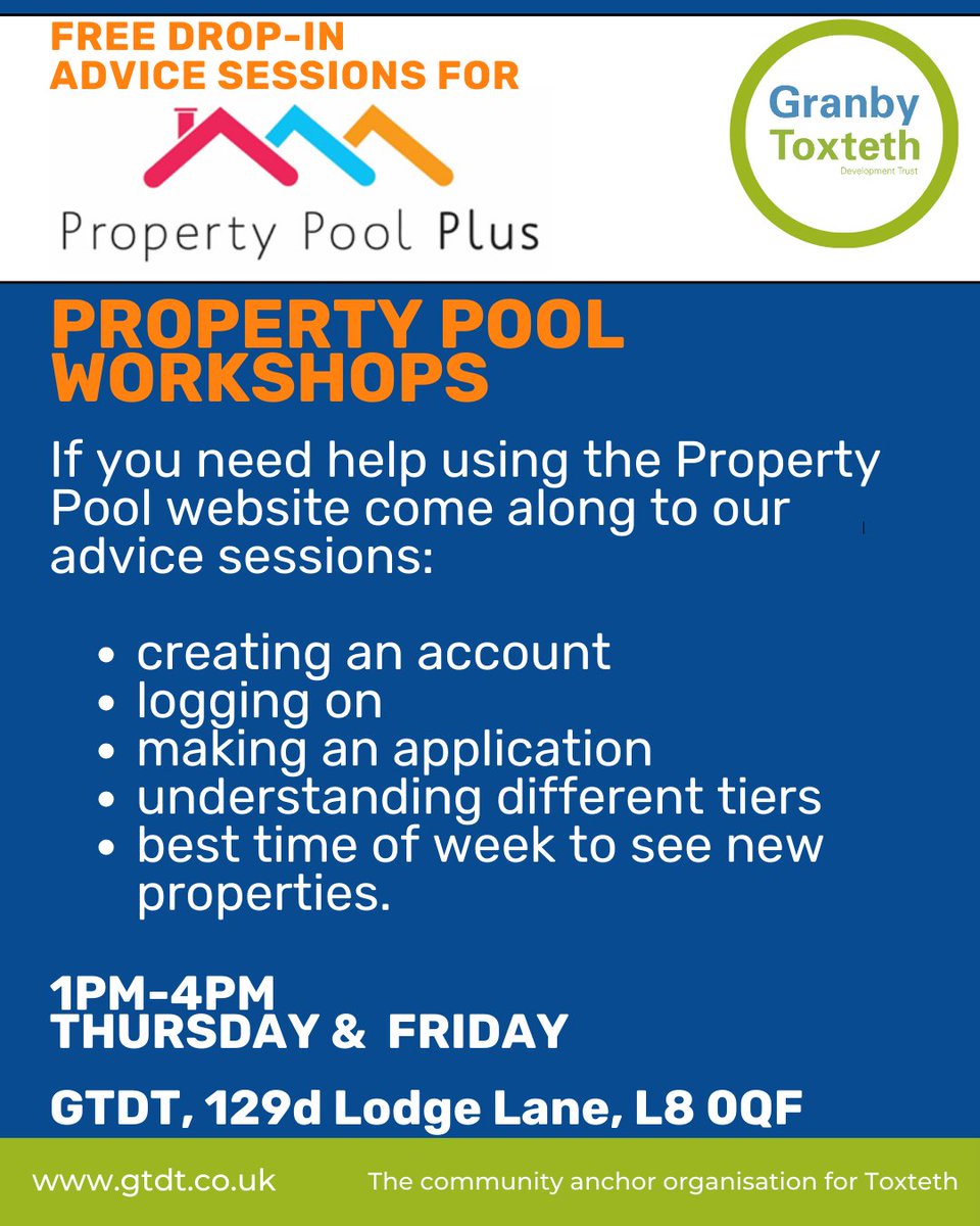 GTDT_Liverpool's tweet photo. If you need to access the Property Pool but not sure how to create an account or use the system, come along to one of our workshops for friendly, useful support. 
#propertypool #CommunitySupport #HousingForAll @lpoolcouncil @Shelter @ShelterMSY https://t.co/BXh1vmg6nX
