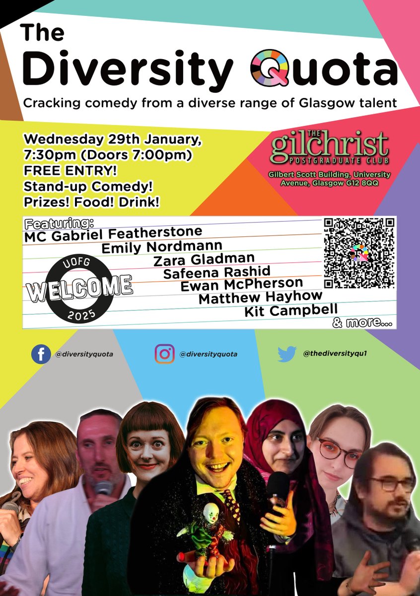 The Diversity Quota (@thediversityqu1) on Twitter photo 📢 FREE COMEDY ON 29 JAN 🎭
The Diversity Quota returns on Wed 29 Jan, 7pm at <a href="/TheGilchristPG/">The Gilchrist Postgraduate Club</a> starring Gabriel Featherstone, <a href="/zanyzaz/">Zara Gladman</a> <a href="/emilynordmann/">Emily Nordmann</a> Kit Campbell, Safeena Rashid, Matthew Hayhow & Ewan McPherson
❤️🧡💛💚💙💜🖤
Register for FREE 🔗 eventbrite.co.uk/e/the-diversit… 📢 FREE COMEDY ON 29 JAN 🎭
The Diversity Quota returns on Wed 29 Jan, 7pm at <a href="/TheGilchristPG/">The Gilchrist Postgraduate Club</a> starring Gabriel Featherstone, <a href="/zanyzaz/">Zara Gladman</a> <a href="/emilynordmann/">Emily Nordmann</a> Kit Campbell, Safeena Rashid, Matthew Hayhow & Ewan McPherson
❤️🧡💛💚💙💜🖤
Register for FREE 🔗 eventbrite.co.uk/e/the-diversit…