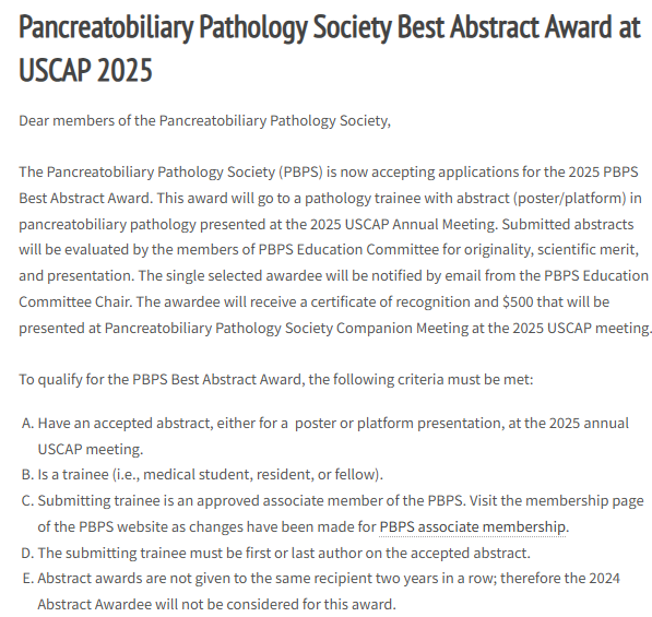 #Pathology trainees!!
If you have an abstract in #pancreatobiliary path accepted for #USCAP2025,  submit your abstract to today to be considered for the #PBPS best abstract award!
Only 5 days left!!
More details below-
pbpath.org/pancreatobilia…

#PathX #GIpath