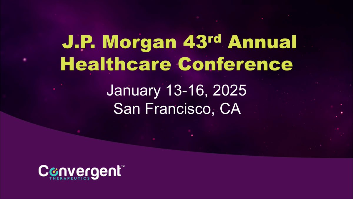 Convergent Therapeutics, Inc. (@convergentrx) on Twitter photo We are excited to head to San Francisco for the 43rd Annual J.P. Morgan Healthcare Conference to share more about CONV01-α and our pipeline of novel α-radioantibodies.
We look forward to hearing insights and trends shaping the industry.
#JPM2025 We are excited to head to San Francisco for the 43rd Annual J.P. Morgan Healthcare Conference to share more about CONV01-α and our pipeline of novel α-radioantibodies.
We look forward to hearing insights and trends shaping the industry.
#JPM2025