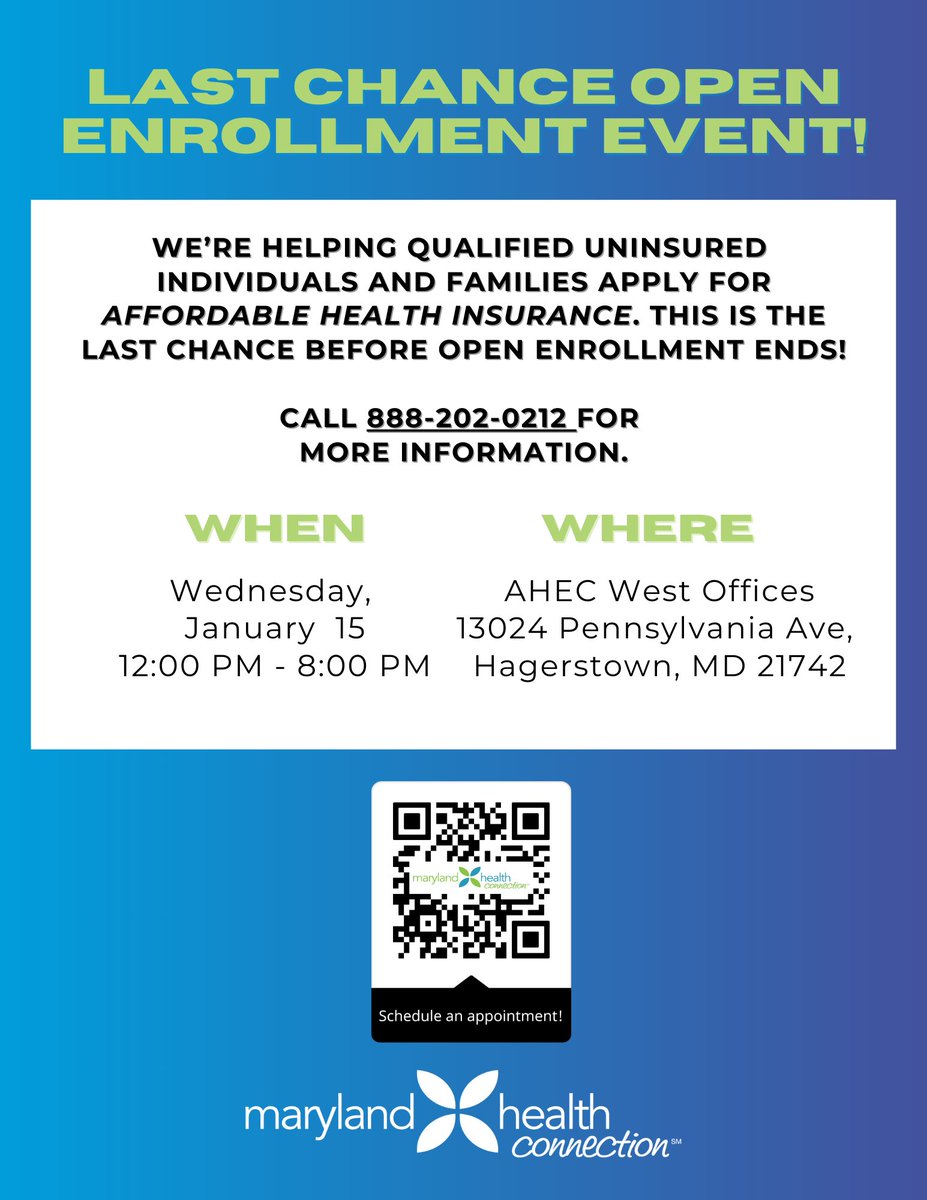 Marylanders - our last chance Open Enrollment event is Wednesday! Don't let this pass you by. You can enroll any time between now and January 15th if you call 888-202-0212 and set up an appointment.