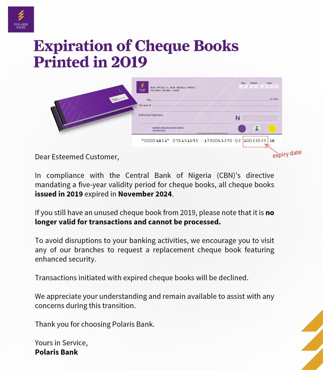 PolarisBankLtd's tweet photo. Reminder: Cheque books issued in 2019 are no longer valid for transactions. Avoid disruptions by requesting a new cheque book at any Polaris Bank branch. 

#PolarisBank #CustomerUpdate https://t.co/bIjFamdwnu