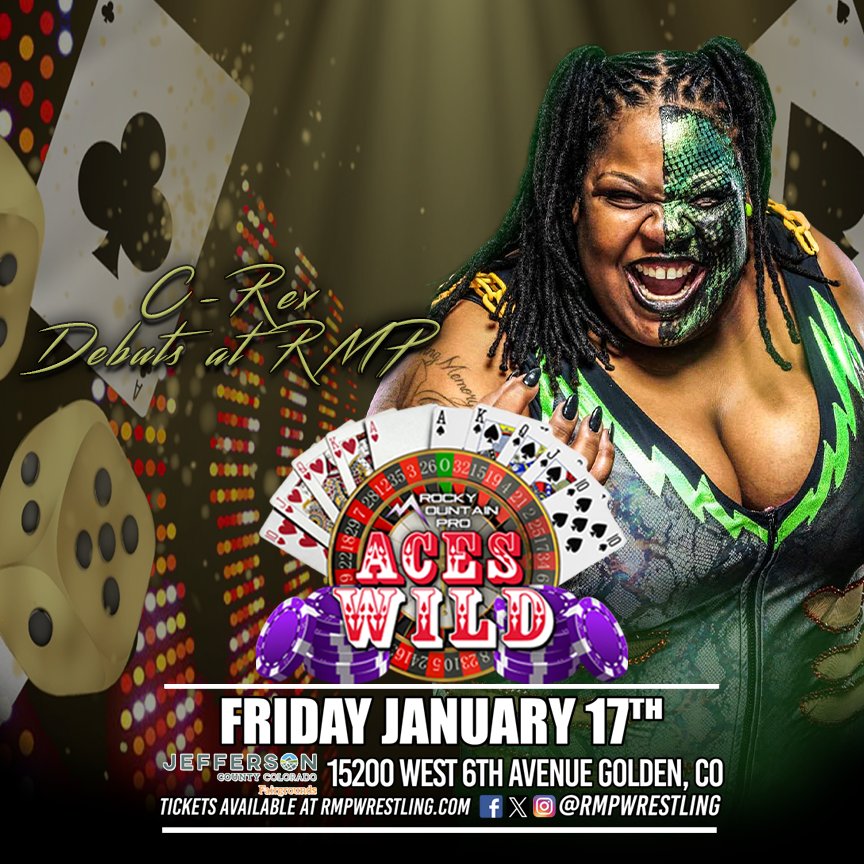 💥C-Rex makes her RMP debut this Friday💥

Join us for Aces Wild weekend Friday and Saturday in Golden, and witness in-person our first ever ALL FEMALE Aces Wild tournament! Your ticket for Friday also gets you the Charged TV tapings on Saturday!

Become a PPV member of our