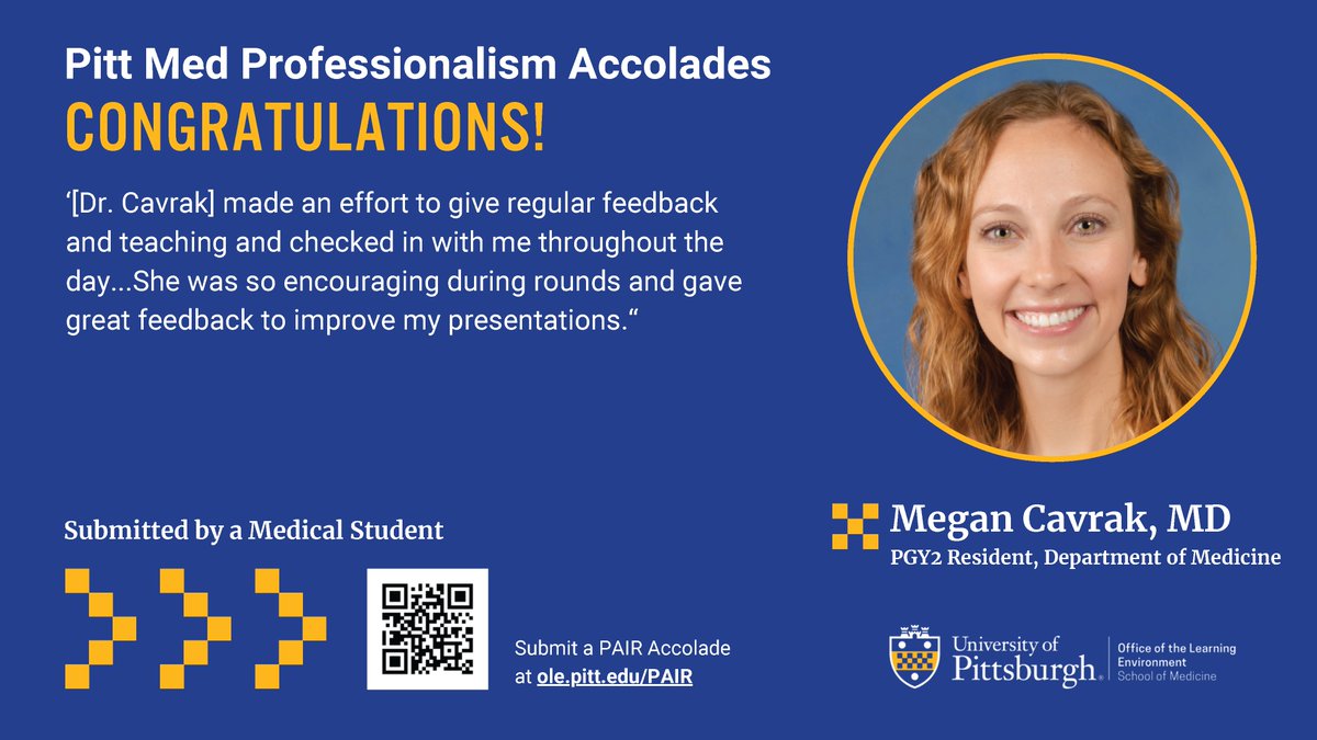 Congrats to Dr. Megan Cavrak on receiving a #PittMed Professionalism Accolade! Her kindness, encouragement, and dedication to teaching made a huge impact on a medical student.