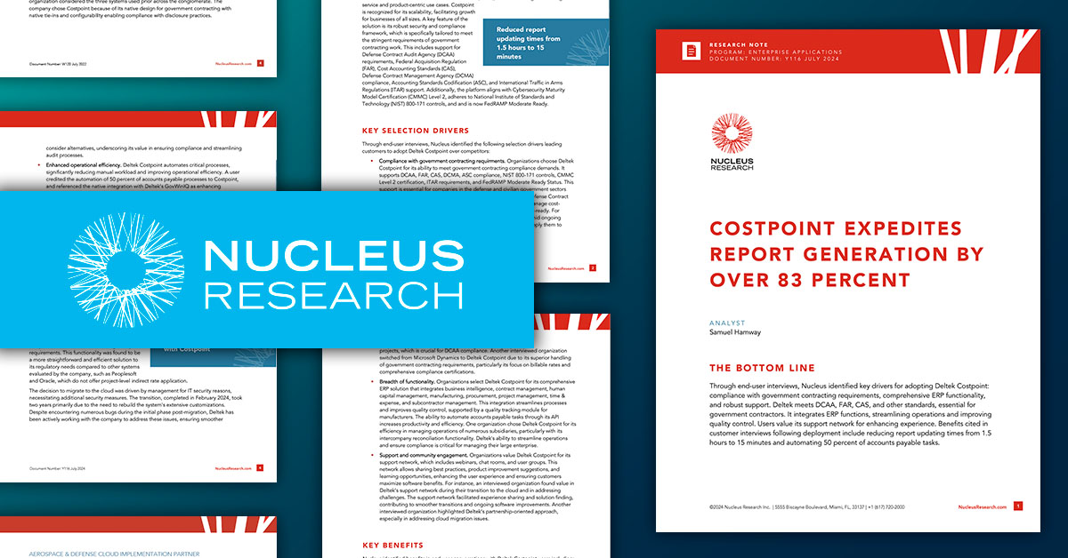 Deltek's tweet image. Deltek Costpoint expedites report generation time by over 83%—a game-changer for government contractors.

Discover more customer insights in this @NucleusResearch Note: deltek.com/en/government-…

#GovCon #DeltekProjectNation #PoweringProjectSuccess
