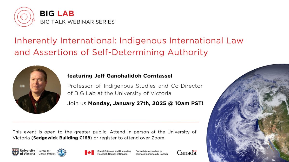 BIG_UVic's tweet photo. Join us for our next BIG Talk, featuring UVic Professor and #BIGLab Co-Director Jeff Ganohalidoh Corntassel!

📆 January 27th, 10am (PST)
📍Zoom or in-person (UVic)

Visit our website for more details: https://t.co/2xZmXRWuTm

Sign up to attend on Zoom: https://t.co/mE5283UNdo https://t.co/YvuYpwzuTo