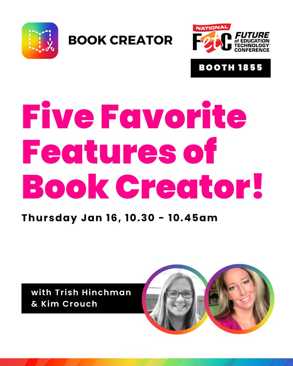 Book Creator Team (@bookcreatorapp) on Twitter photo Discover the 'Five Favorite Features of Book Creator' with <a href="/trishhinchman/">Trish Hinchman</a> & <a href="/Kim_TechTeach/">Kimberly Crouch</a> at #FETC! โจ Thurs, Jan 16, 10:30โ10:45 am, Booth 1855. Boost creativity in your classroom! ๐ #EdTech #BookCreator Discover the 'Five Favorite Features of Book Creator' with <a href="/trishhinchman/">Trish Hinchman</a> & <a href="/Kim_TechTeach/">Kimberly Crouch</a> at #FETC! โจ Thurs, Jan 16, 10:30โ10:45 am, Booth 1855. Boost creativity in your classroom! ๐ #EdTech #BookCreator