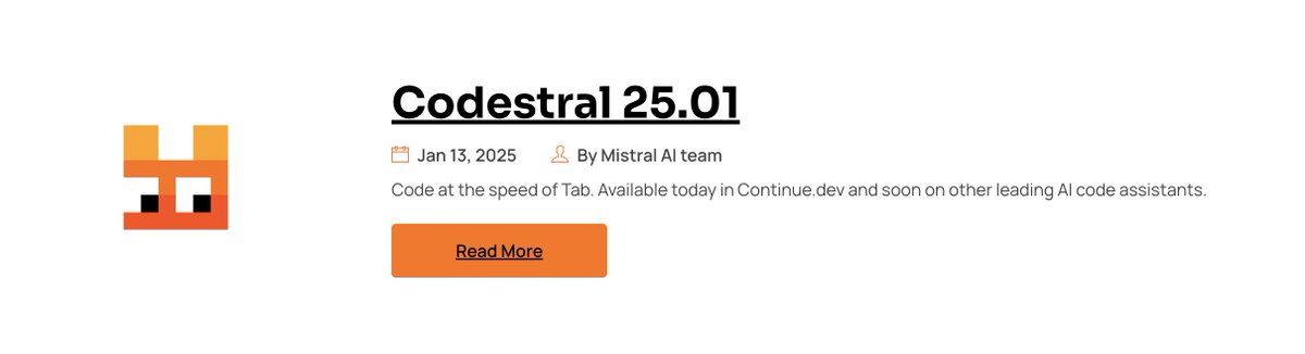 Sophia Yang, Ph.D. (@sophiamyang) on Twitter photo 🥳🎉Announcing <a href="/MistralAI/">Mistral AI</a> new model: Codestral 25.01 - new SOTA coding model, #1 on LMSYS!
- Lightweight, fast, and proficient in over 80 programming languages,
- Optimized for low-latency, high-frequency usecases
- 2x faster than the previous version
- Supports tasks such as 🥳🎉Announcing <a href="/MistralAI/">Mistral AI</a> new model: Codestral 25.01 - new SOTA coding model, #1 on LMSYS!
- Lightweight, fast, and proficient in over 80 programming languages,
- Optimized for low-latency, high-frequency usecases
- 2x faster than the previous version
- Supports tasks such as