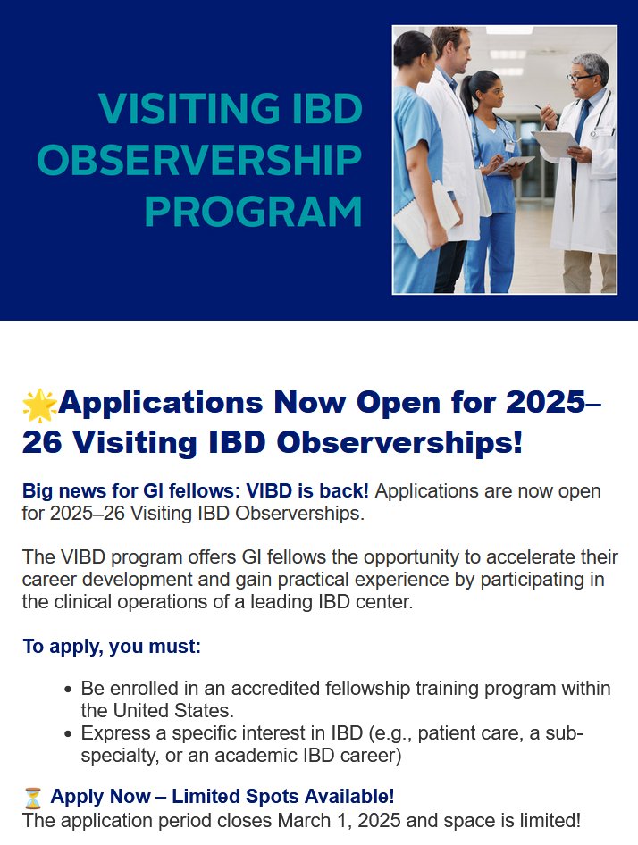 Joseph Sleiman, MD, FACP (@josephhabibi_md) on Twitter photo Visiting IBD observerships for GI fellows are back!
Deadline march 1, 2025.
Apply here
<a href="/CrohnsColitisFn/">Crohn's & Colitis Foundation</a>
…ick.email.crohnscolitisfoundation.org/?qs=689a84ef9c… Visiting IBD observerships for GI fellows are back!
Deadline march 1, 2025.
Apply here
<a href="/CrohnsColitisFn/">Crohn's & Colitis Foundation</a>
…ick.email.crohnscolitisfoundation.org/?qs=689a84ef9c…