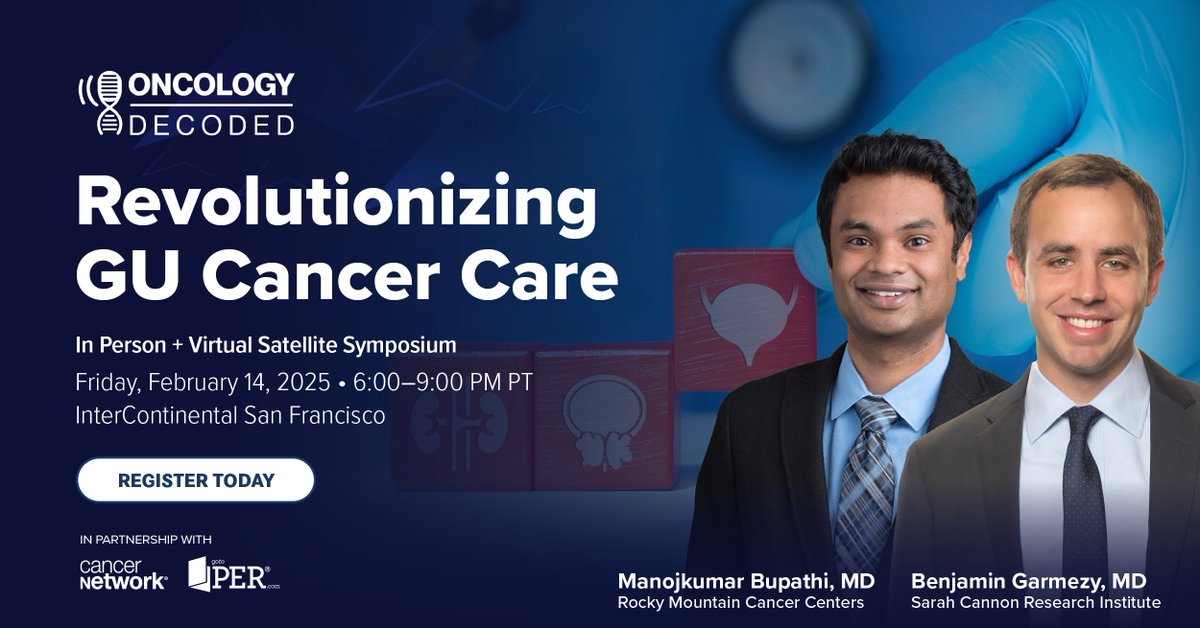 From our friends at CancerNetwork and PER:
🚨 Oncology Decoded Live at ASCO GU!
📅 Feb 14, 2025, 6–9 PM PT
📍 InterContinental SF &amp; Virtual
🎯 GU cancer experts: Dive into cutting-edge insights for bladder, prostate &amp; RCC care

Register now: gotoper.com/courses/oncolo…