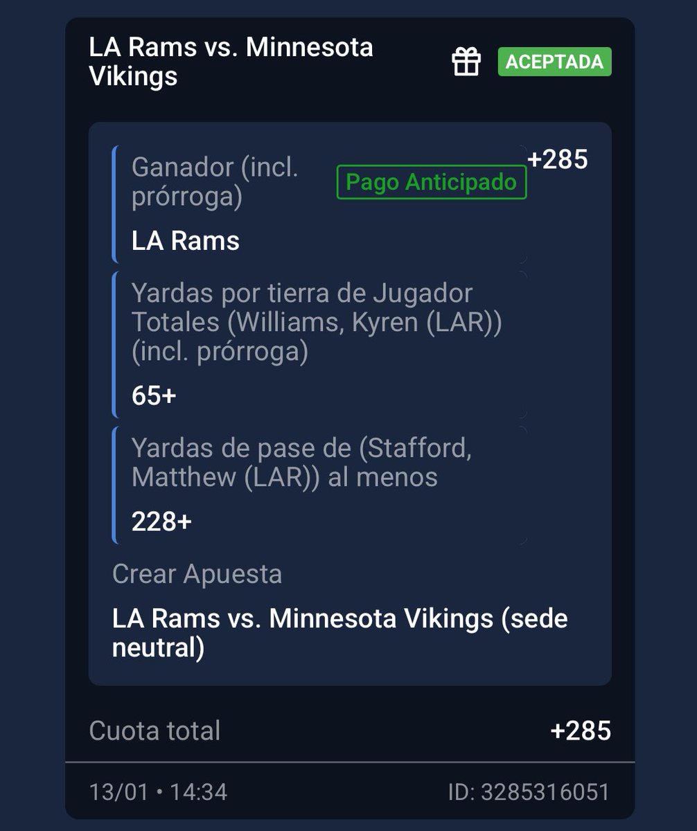 Ludopickss's tweet photo. Una bet builder para el MNF alv

LA Rams ML
Kyren Williams 65+ yds por rush 
Stafford 228+ yds de pase 

🍀🍀🍀🍀 https://t.co/1bSArcQgqn