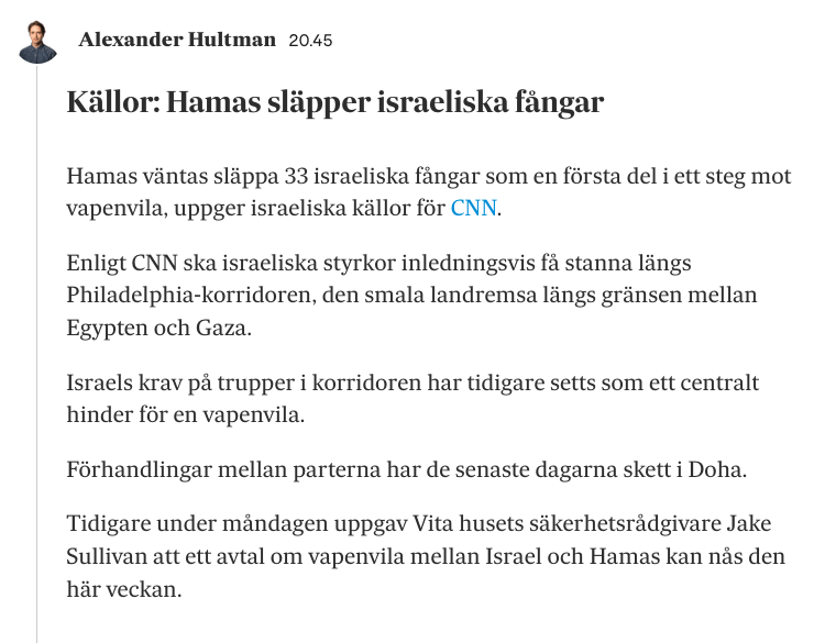 Ursäkta SvD men vad är detta? Fångar? De är gisslan, inget annat än gisslan. Gisslan som Hamas offrat tusentals palestinska liv för att terrorisera och våldföra sig på.