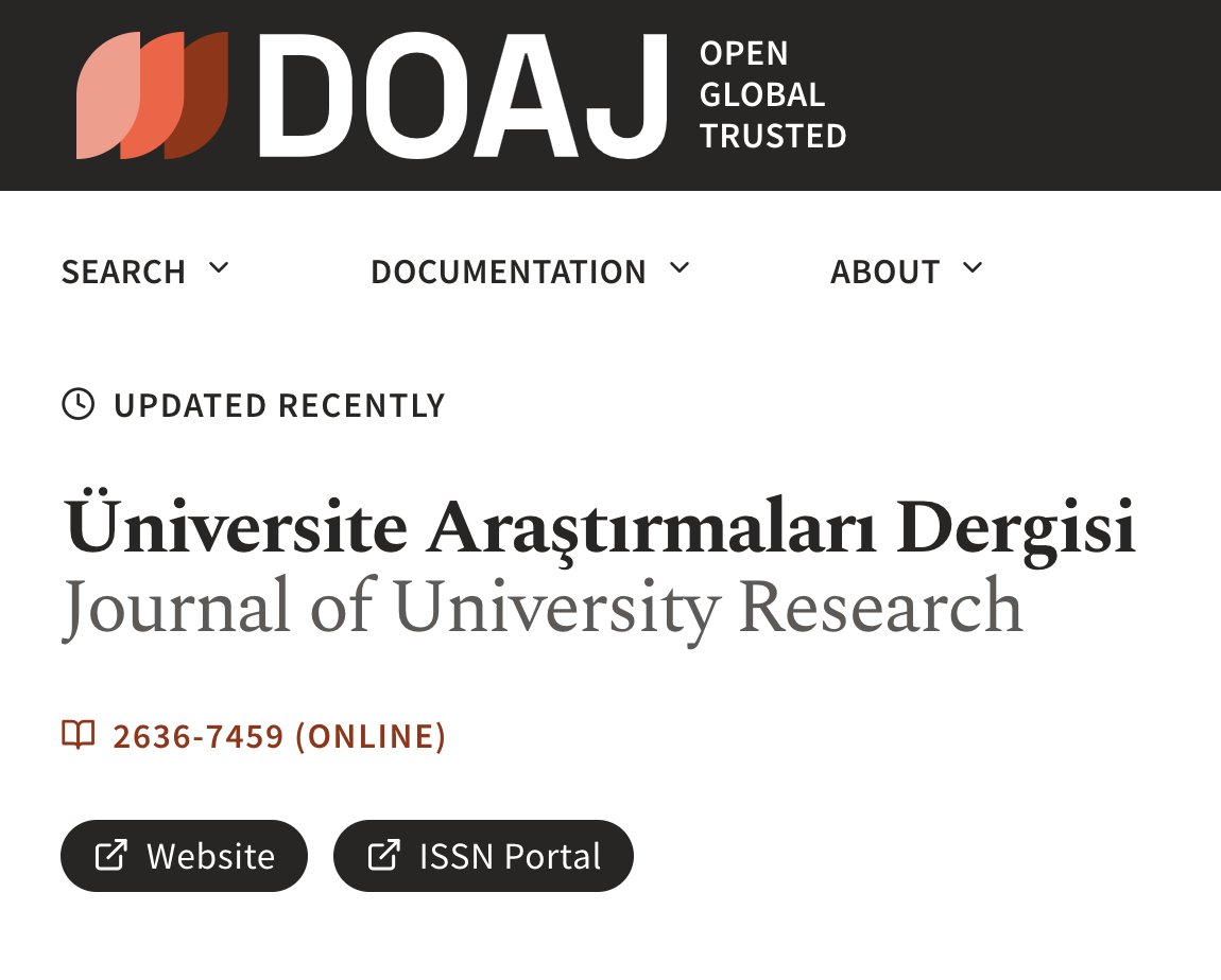 Üniversite Araştırmaları Dergisi’nden (<a href="/uadergisi/">Üniversite Araştırmaları Dergisi</a> ) bir başarı daha! 🌟 Yükseköğretim alanında yayın faaliyeti yürüten dergimiz, artık DOAJ'da taranmaktadır. DOAJ, yüksek standartlara sahip açık erişimli dergilerin yer aldığı uluslararası bir platformdur. 📚 Detaylı bilgi: