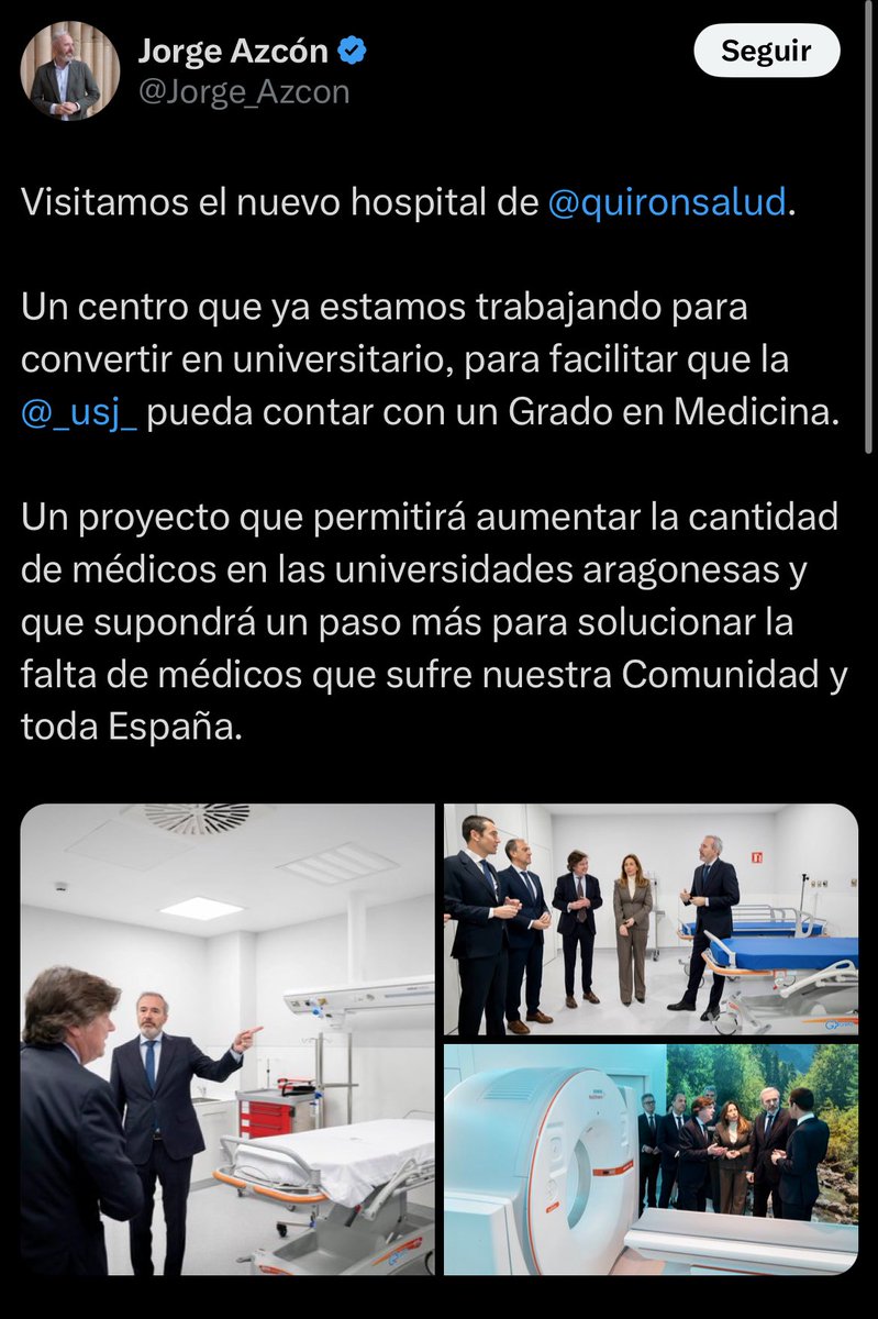 Al presi se le ha olvidado comentar que el hospital es privado y esa universidad que cita, también. Pocas fotos se hace en los hospitales públicos que dependen de él, que dia sí y día también, denuncian la falta de medios. Cosas de liberales.