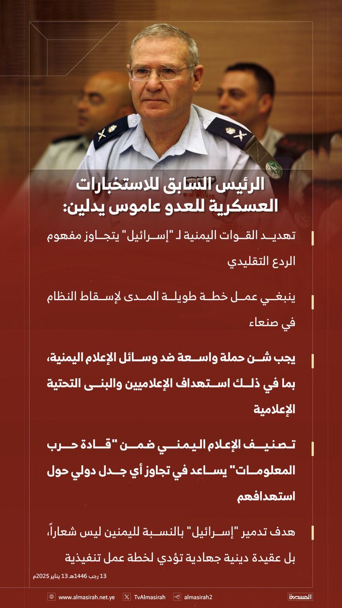 🟥 الرئيس السابق للاستخبارات العسكرية للعدو عاموس يدلين: 

🔻 يجب شن حملة واسعة ضد وسائل الإعلام اليمنية، بما في ذلك استهداف الإعلاميين والبنى التحتية الإعلامية

الا ترون ان الصهاينة يرتبعون من اقلامكم ؟