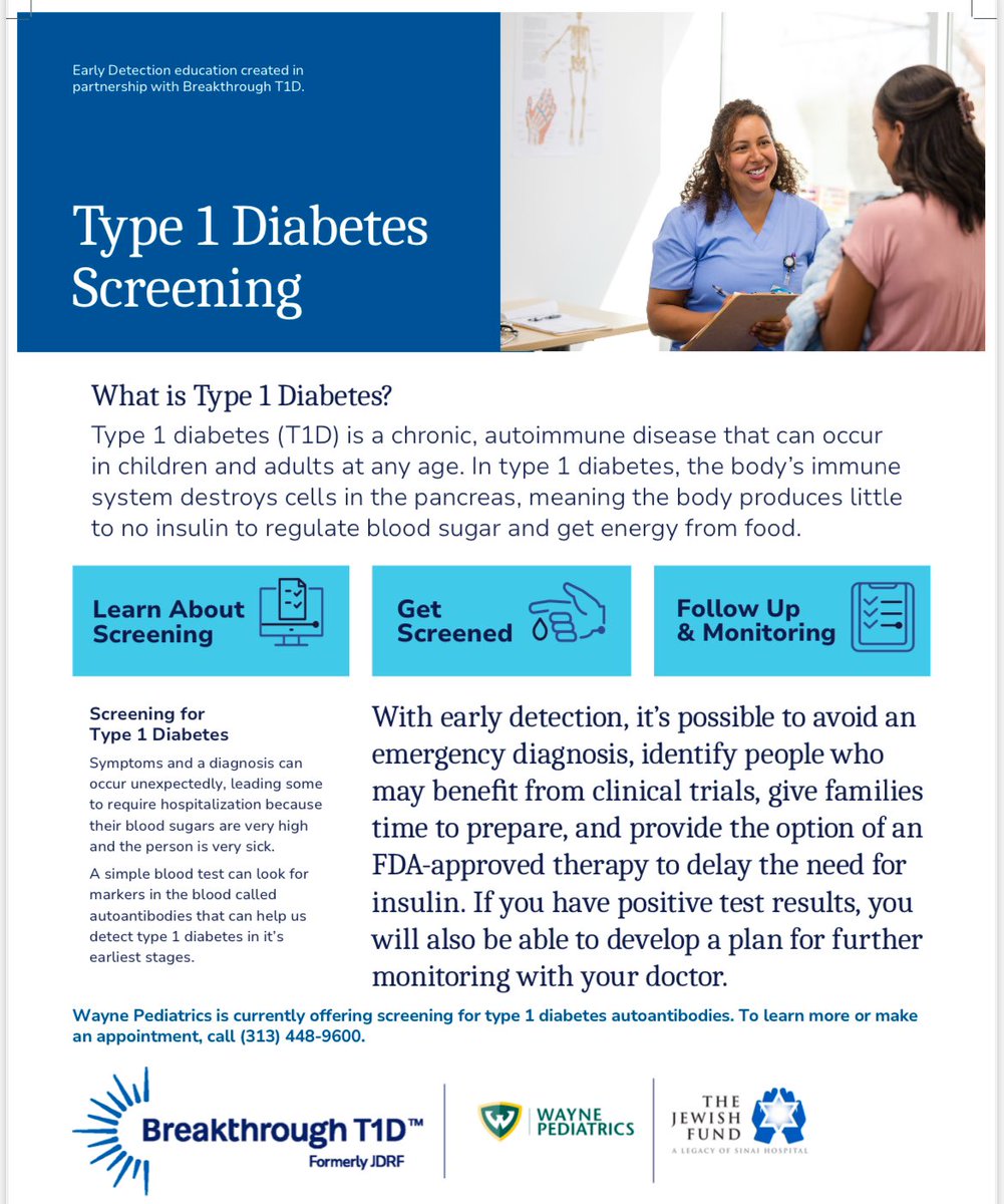 PediatricsWayne's tweet photo. Type 1 Diabetes screening is available at Wayne Pediatrics for both children and adults. To learn more or schedule a brief screening appointment, please call (313) 448-9600.

#waynepediatrics #detroit  #detroitfamily #pediatrician #detroithealth #type1diabetes https://t.co/ZaxVBYvaWP