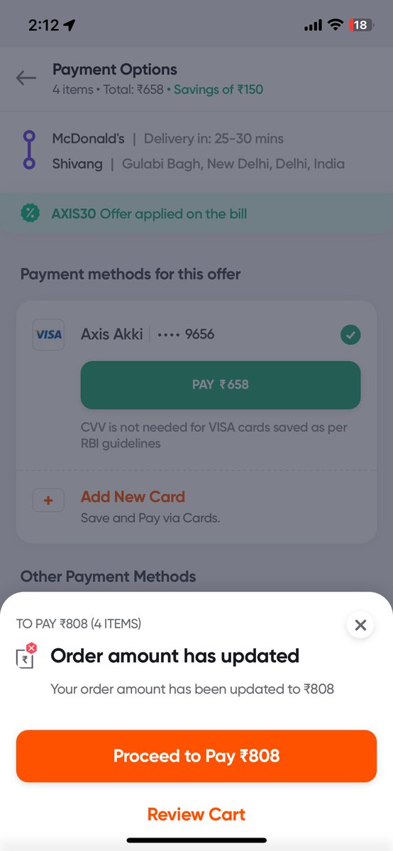 a_spycoder's tweet photo. @SwiggyCares The below clearly shows how you are trying to stop us from getting the offers shown. The offer is applied to total and clearly shows 658 but i am being forced to pay 808 and not avail offer. https://t.co/q13V3dSjtj