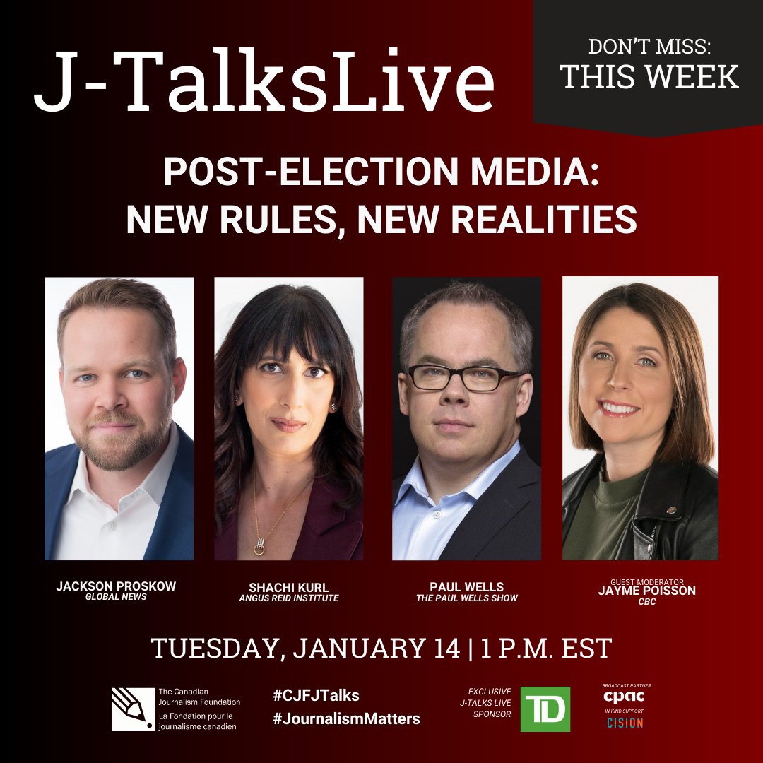 cjffjc's tweet photo. Tomorrow: @JProskowGlobal, @ShachiKurl, Paul Wells will chat with guest host @jayme_poisson about the future of political reporting. Register for this free and live event: https://t.co/wlr9TvmuUg #CJFJTalks #JournalismMatters #Politics #PoliticalReporting https://t.co/ZyqIHFIZHb