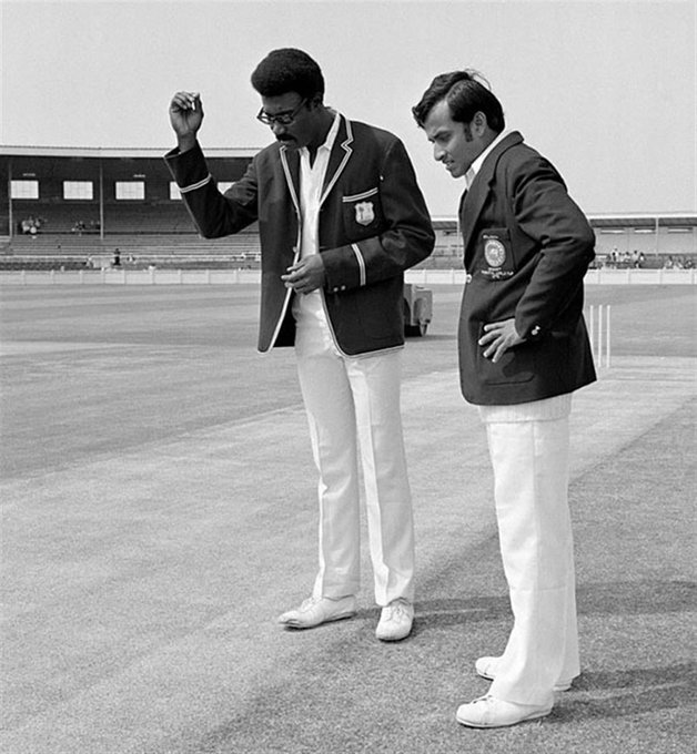 Clive Lloyd and Anura Tennekoon toss before their opening World Cup match at Old Trafford on June 7th 1975. Lloyd stuck the Sri Lankans in and bowled them out for 86. The game was finished by 3.30 so a 20-over-a-side exhibition match was staged to keep spectators entertained