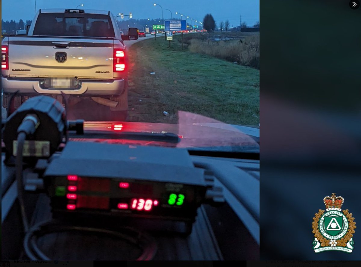 Delta Police stopped a vehicle weaving through traffic at 130km/h in an 80 km/h zone—with two young children on board. The driver was late for school drop-off, charged with excessive speed, and issued a $368 fine + a 7-day impound. According to <a href="/DPDTraffic/">Delta Police Traffic Unit</a>, the same driver faced