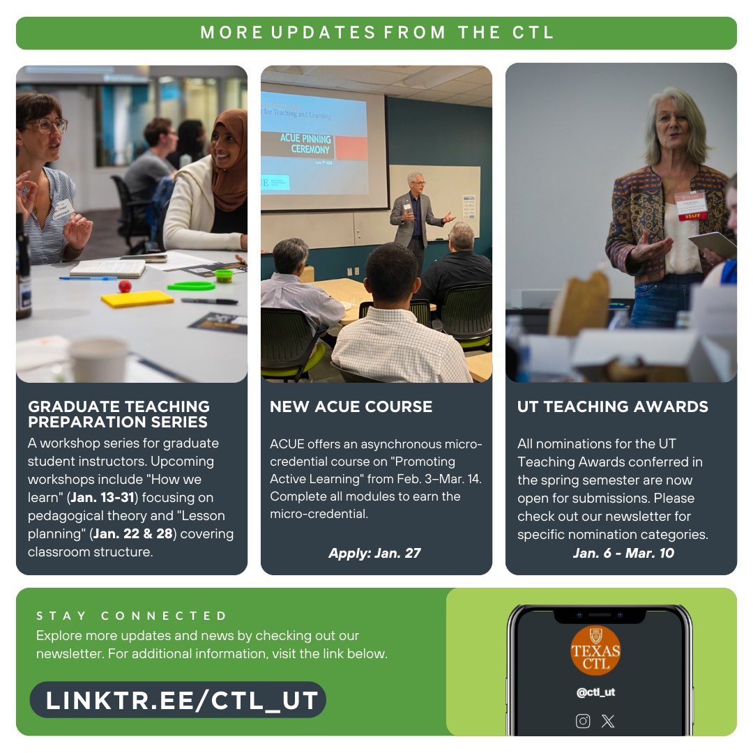 Happy First Day of Class Longhorns🤘🤘

🎉 Start the semester strong with CTL! From workshops to a new ACUE course and UT Teaching Award nominations, we’ve got you covered.

Check out our Linktree for more👉linktr.ee/ctl_ut