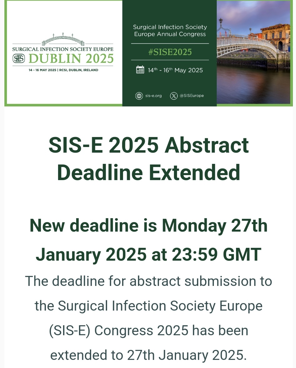 SurgInfectSoc-Europe (@siseurope) on Twitter photo 📢Abstract deadline for #SISE2025 EXTENDED‼️
👉2 more weeks to prepare your abstract on any topic (basic & clinical science) related to #surgicalinfections
👉submit your educational case report for our #SISEOlympics contest
👉opportunity to win Prizes🏅 including <a href="/BJSAcademy/">BJS Academy</a> 📢Abstract deadline for #SISE2025 EXTENDED‼️
👉2 more weeks to prepare your abstract on any topic (basic & clinical science) related to #surgicalinfections
👉submit your educational case report for our #SISEOlympics contest
👉opportunity to win Prizes🏅 including <a href="/BJSAcademy/">BJS Academy</a>