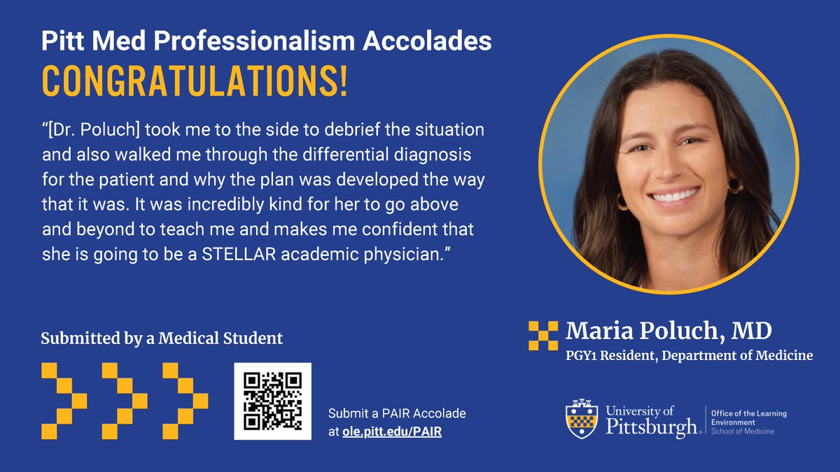 Pitt General Internal Medicine (@pittgim) on Twitter photo Celebrating <a href="/m_poluch/">Maria Poluch</a>, recipient of a #PittMed Professionalism Accolade!
"Dr. Poluch exemplifies what it means to be a physician at an academic medical center dedicated to teaching the next generation of physicians." Celebrating <a href="/m_poluch/">Maria Poluch</a>, recipient of a #PittMed Professionalism Accolade!
"Dr. Poluch exemplifies what it means to be a physician at an academic medical center dedicated to teaching the next generation of physicians."