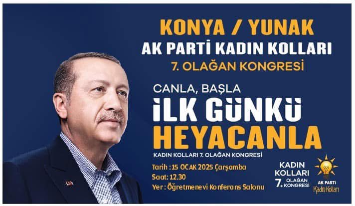 ✅📸 Yunak 7. Olağan İlçe Kadın Kolları Kongresine tüm hemşerilerimiz davetlidir. 

📍Yunak öğretmen evi toplantı salonu
🗓15.01.2025 (Çarşamba )
⏰ 12.30

<a href="/Akkadinkonya_/">AK Kadın Konya</a>  @OzlmYlmz042