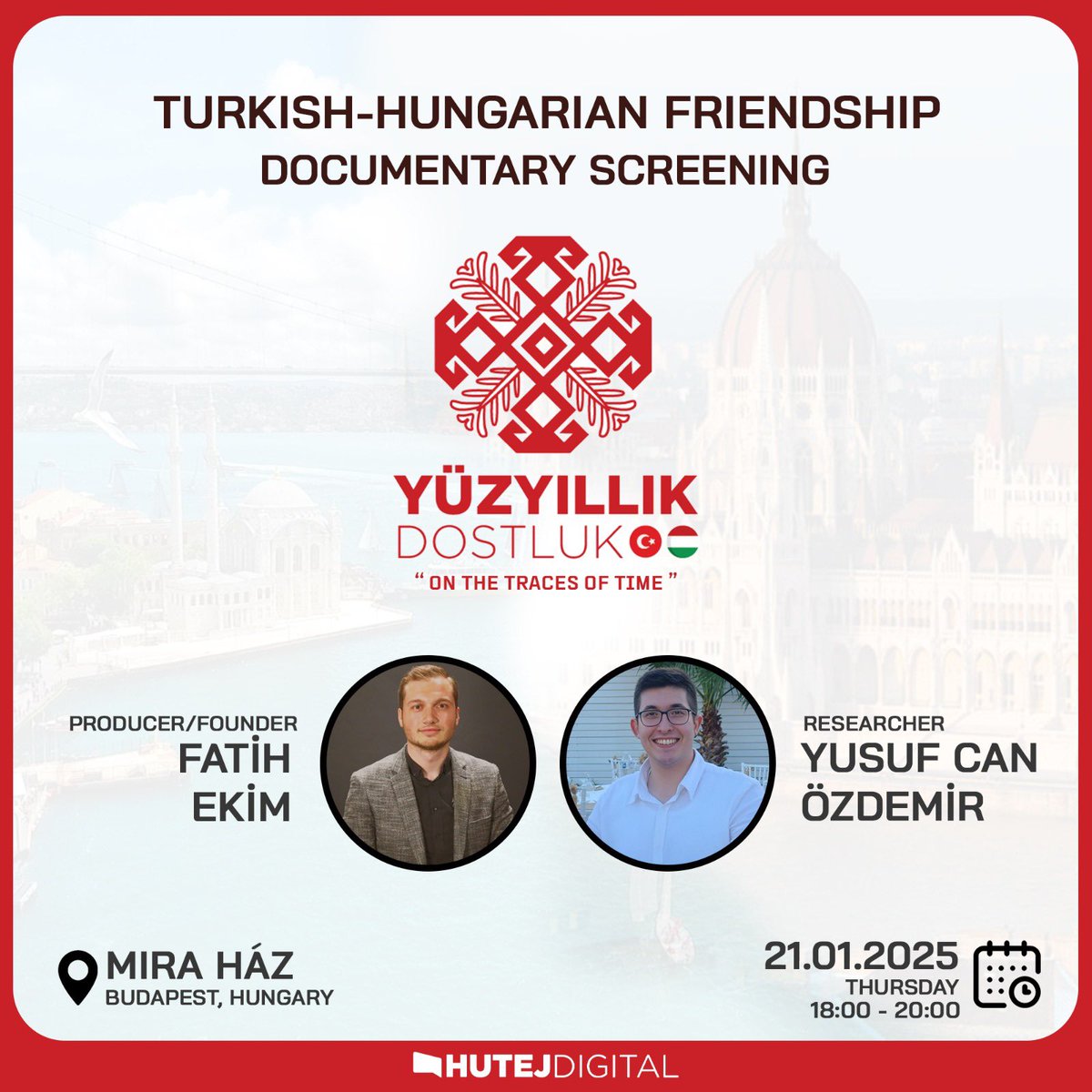 As part of the “Turkey-Hungary Culture Year,” the first screening of the Centenary Friendship documentary in 2025 will take place at Mira Ház in Budapest. 

An open discussion will follow the screening.

Registration is required using this link: 
…a-intercultural-community.motibro.com/home