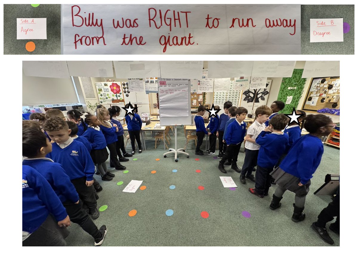 Today we had a whole class debate about whether Billy in ‘Grandad’s Secret Giant’ was right to run away from the giant or not. We used sentence scaffolds to build our arguments, then we made a conscious corridor for Billy to walk through and consider both sides of the debate.