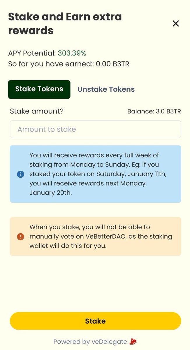 🚀 Staking Made Easy with Greencart!

Great news! With staking, users who have created their account via social login or downloaded the Greencart app on iOS or Android will no longer need to manually send Better tokens to their VeWorld wallet to vote each week. 🙌

Now, with just