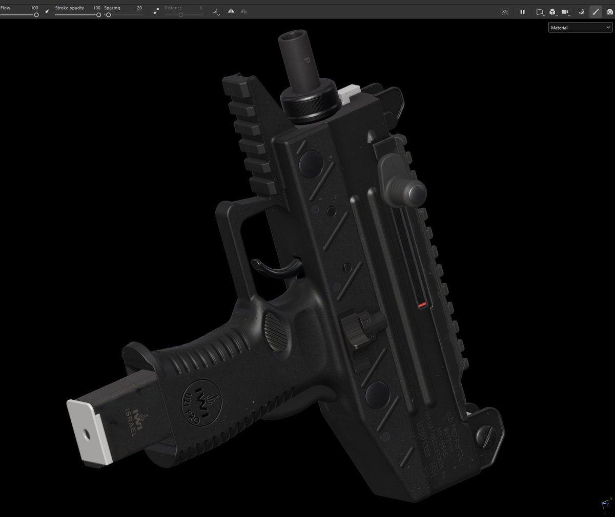 FlavioVGottwald's tweet photo. Painter viewport of the UZI. Hid the stock for now but might bring it back 🤔 #3DModelling #GameArt #UZIPRO #UZI #Weapons #3D #3DArt #3DRendering #SubstancePainter #gameartist #props #propartist #HardSurfaceArt #3DModel #WIP #CADSoftware #ZBrush #HighPoly #WeaponArtist #WeaponArt https://t.co/0dDJCQPM2f