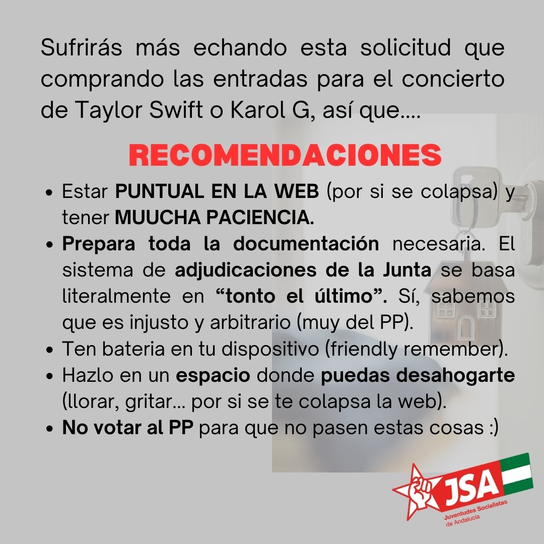 Mañana se abre el plazo de solicitud del Bono Alquiler Joven en Andalucía.

Tienes que estar igual de preparado/a como para cuando tenías que comprar las entradas para Taylor Swift o Karol G.
Mañana, 14 de enero, a las 16:00 en juntadeandalucia.queue-it.net/?c=juntadeanda…

Que la fuerza te acompañe😉