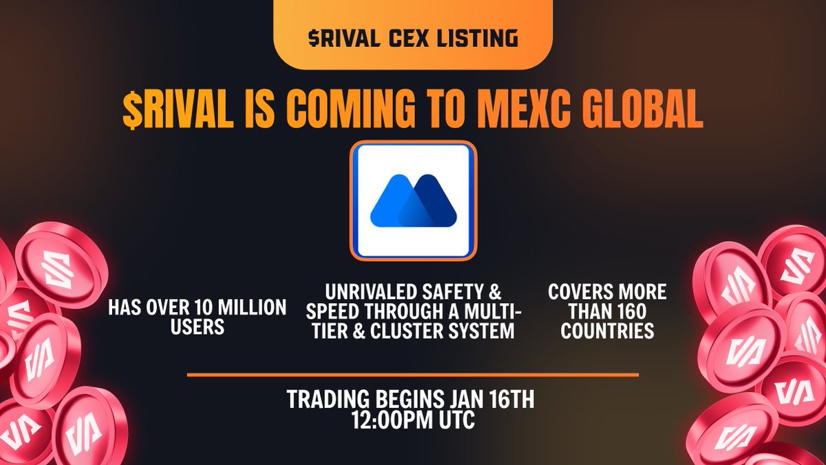 🪙 CEX Announcement 🪙 

Get ready because $RIVAL is coming to MEXC in just a few short days! Set those alarms so you don't miss out! 🔔🫡

📆 Trading Starts: January 16, 12:00pm UTC

The Rival-ution starts NOW! 🚀🔥
