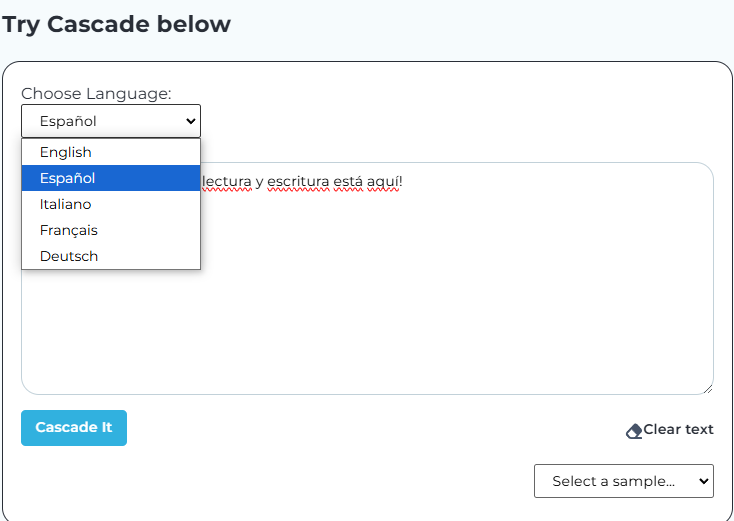 CascadeReading's tweet photo. Cascade Reading is now available in English, Spanish, French, German, and Italian!

Our flexible API is designed for ease of integration into any e-learning, publishing, or reading platform. The next chapter in Reading and Writing is here, join us! https://t.co/dTUFS0uphd https://t.co/IviJaNYVJt