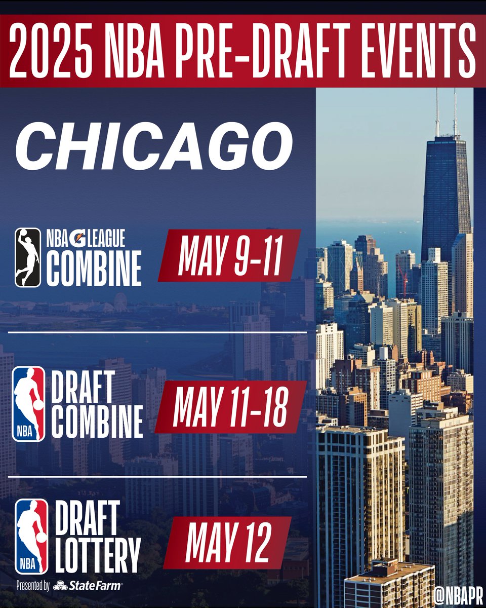 NBAPR's tweet photo. The NBA G League Combine, NBA Draft Combine and NBA Draft Lottery will take place in May in Chicago.

The schedule of pre-draft events ⬇️ https://t.co/x54NOMHi4a