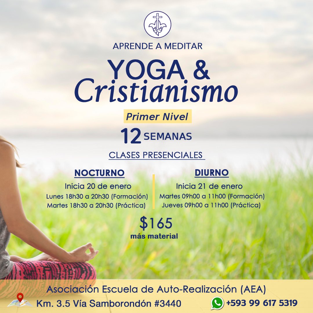 aea_yoga's tweet photo. PRIMER NIVEL DE YOGA Y CRISTIANISMO 
¡Inscríbete ya! 
✅Ciclo enero-abril 2025 
✳️¿Quieres controlar el estrés, la ansiedad y relajarte? Medita 
✳️¿Quieres desarrollar aún más tu concentración y creatividad? Medita
✳️099 617 5319
✳️km 3.5 Av. Samborondón #3440
¡Te esperamos! 🧘‍♀️🧘 https://t.co/vlj4lM83ab