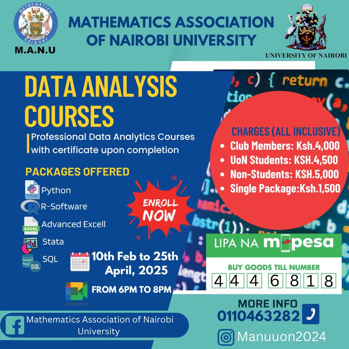 manuuon's tweet photo. MANU Data Analytics Courses - February Intake

Have you registered for our Data Analytics Short Courses yet? ENROL TODAY! 🕐

Here’s why you should choose us: 
✅ Gain Essential Data Analytics Skills
✅ Flexible Study Schedule
✅ Receive a Certificate upon Completion https://t.co/vTCVx396H5