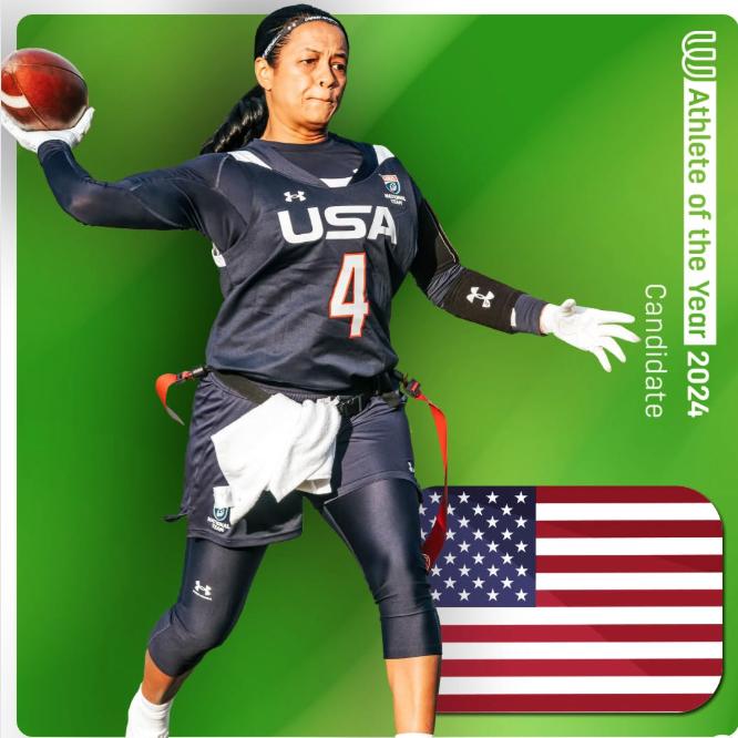 CFBISD's tweet photo. La Villita ES PE teacher and USA Women's Flag Football Team quarterback Vanita Krouch is in the running for the 2024 World Games Athlete of the Year. 🏈🏆 Let's show our support and VOTE for Coach Krouch through Jan. 31. Read more about the candidates and cast your vote daily at: https://t.co/G1GXiIra1B
