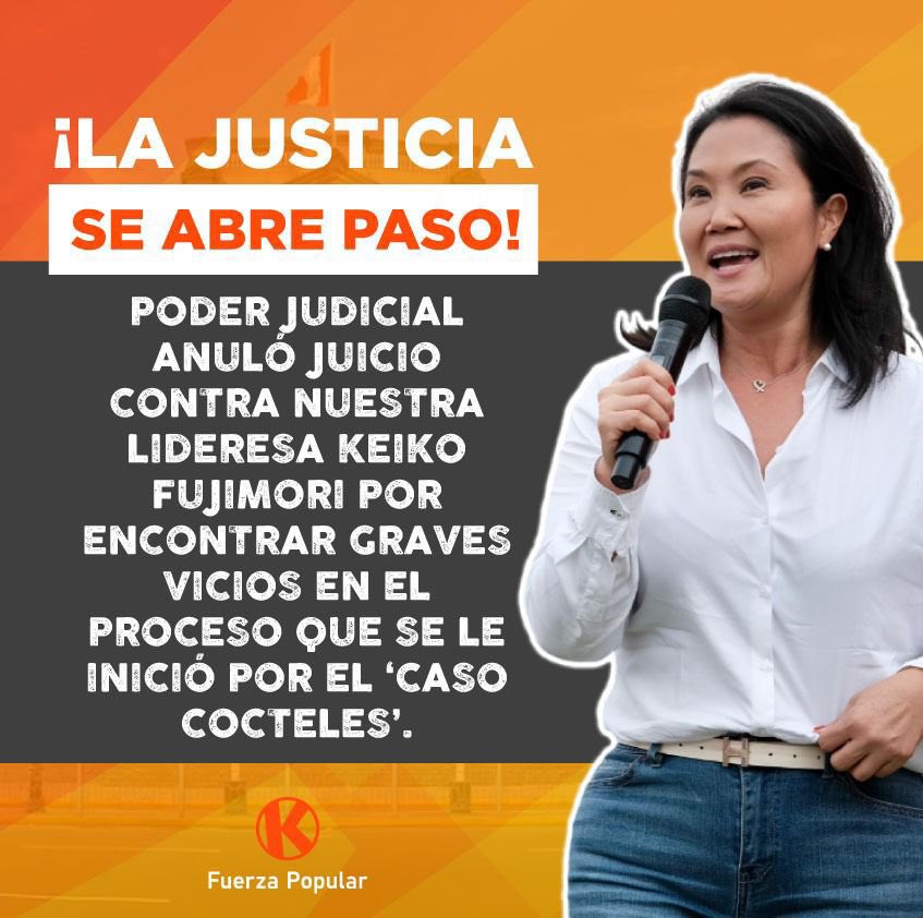 El juicio contra <a href="/KeikoFujimori/">Keiko Fujimori</a> ha sido anulado, confirmando lo que siempre sostuvimos: fue víctima de una persecución política basada en una teoría sin pruebas. Valoro su valentía para resistir años de injusticias. ¡Hoy la justicia empieza a abrirse paso! 💪🍊