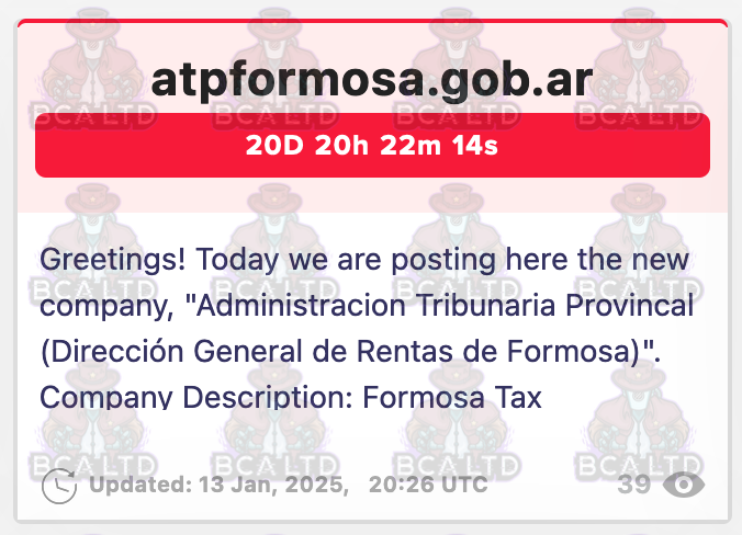 BirminghamCyber's tweet photo. 🔐 New #ransomware intelligence.

🇦🇷 #Argentina: Administración Tributaria Provincial de Formosa announced by Lockbit.

🔎 #ThreatIntelligence: @teamcapybara_. https://t.co/zduxUnKouM