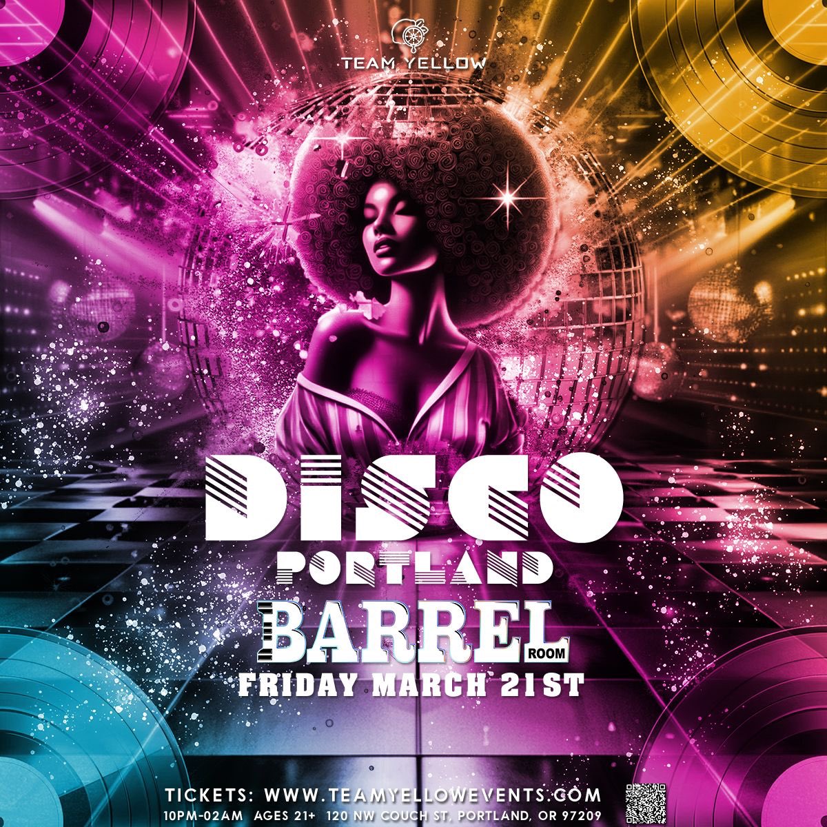 🪩✨ Team Yellow Presents: DISCO PORTLAND! ✨🪩
📅 Friday, March 21st
📍 Barrel Room

💛 Boogie, sparkle &amp; shine with DJ DBL.VSN spinning disco anthems, go-go dancers, live artists, vendors &amp; surprises! Prizes for best dressed!

#DiscoPortland #TeamYellowEvents #BoogieDown