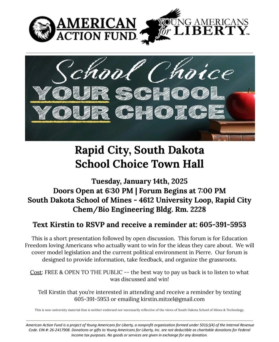 Rapid City area! Young Americans for Liberty is hosting a School Choice Town Hall on January 14th at 7pm!
facebook.com/share/p/15UQqh…