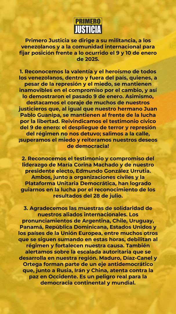 Pr1meroJusticia's tweet photo. #Comunicado | 𝐏𝐫𝐢𝐦𝐞𝐫𝐨 𝐉𝐮𝐬𝐭𝐢𝐜𝐢𝐚 𝐬𝐞 𝐝𝐢𝐫𝐢𝐠𝐞 𝐚 𝐬𝐮 𝐦𝐢𝐥𝐢𝐭𝐚𝐧𝐜𝐢𝐚, 𝐚 𝐥𝐨𝐬 𝐯𝐞𝐧𝐞𝐳𝐨𝐥𝐚𝐧𝐨𝐬 𝐲 𝐚 𝐥𝐚 𝐜𝐨𝐦𝐮𝐧𝐢𝐝𝐚𝐝 𝐢𝐧𝐭𝐞𝐫𝐧𝐚𝐜𝐢𝐨𝐧𝐚𝐥 𝐩𝐚𝐫𝐚 𝐟𝐢𝐣𝐚𝐫 𝐩𝐨𝐬𝐢𝐜𝐢𝐨́𝐧 𝐟𝐫𝐞𝐧𝐭𝐞 𝐚 𝐥𝐨 𝐨𝐜𝐮𝐫𝐫𝐢𝐝𝐨 𝐞𝐥 𝟗 𝐲 𝟏𝟎 𝐝𝐞 𝐞𝐧𝐞𝐫𝐨 𝐝𝐞 𝟐𝟎𝟐𝟓.