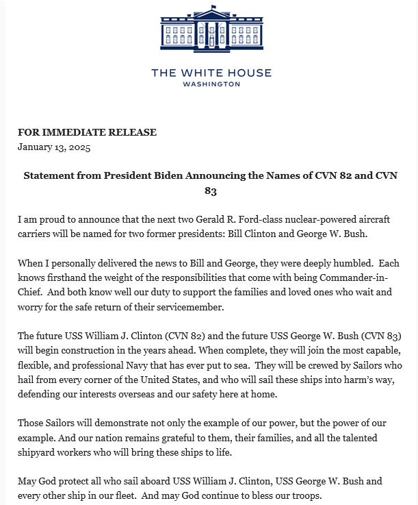 Biden naming new US aircraft carriers after Presidents Bill Clinton and George W. Bush