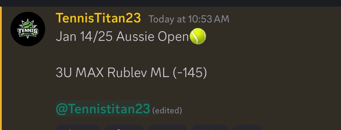 Jan 14/25 Aussie Open🎾 

3U MAX Rublev ML (-145)

Collab with <a href="/WTAGodfather/">JCashIt</a> 🐐 

While it is never fun betting on Rublev at this price I simply can’t pass it up

100$ to a lucky winner when it cashes

Must Like/RT🔥