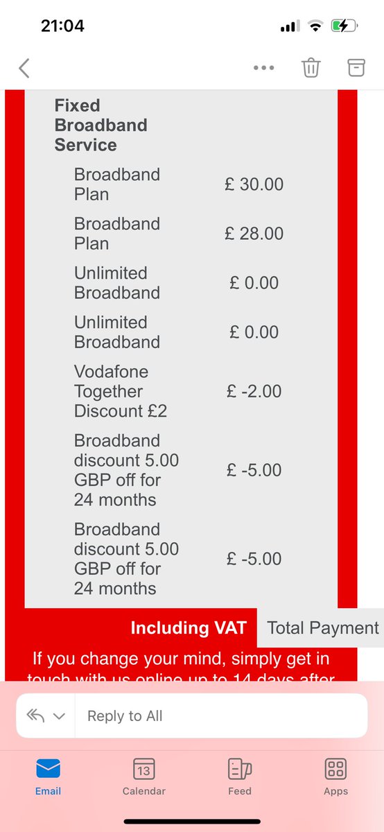 ajgill's tweet photo. @VodafoneUK signed up for broadband. Full fibre 150. Quote with £5 discount is £25/mth. Email and pre contract states this. But one email says as per photo. Please explain.
Conveniently the login doesn’t work for my account on line to be able to check and your app is not working. https://t.co/sA4l8Iu6Wj