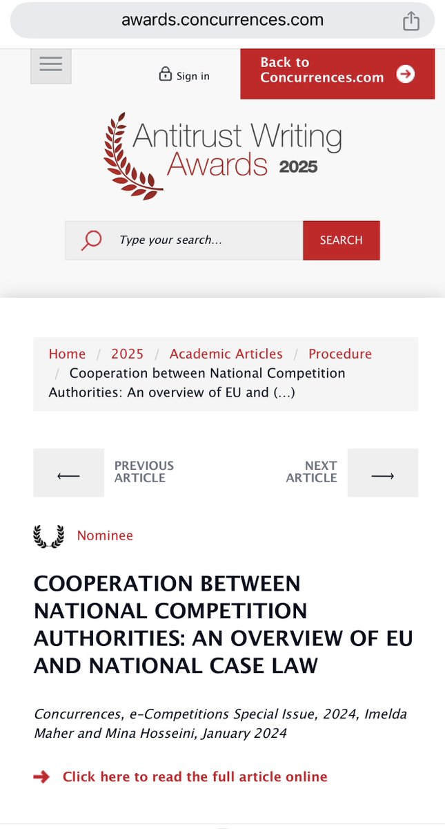 Mina Hosseini (@minacompetition) on Twitter photo I'm delighted to share that our Article with Imelda Maher has been nominated for the <a href="/CompetitionLaws/">Concurrences</a> 2025 #AntitrustWritingAwards in the Academic Articles. Vote for us here: awards.concurrences.com/en/awards/2025…
<a href="/ucddublin/">University College Dublin</a> <a href="/ucdsocscilaw/">UCD Social Sciences</a> <a href="/UCD_Research/">UCD Research</a> <a href="/UCDLawSchool/">UCD Sutherland School of Law</a> I'm delighted to share that our Article with Imelda Maher has been nominated for the <a href="/CompetitionLaws/">Concurrences</a> 2025 #AntitrustWritingAwards in the Academic Articles. Vote for us here: awards.concurrences.com/en/awards/2025…
<a href="/ucddublin/">University College Dublin</a> <a href="/ucdsocscilaw/">UCD Social Sciences</a> <a href="/UCD_Research/">UCD Research</a> <a href="/UCDLawSchool/">UCD Sutherland School of Law</a>